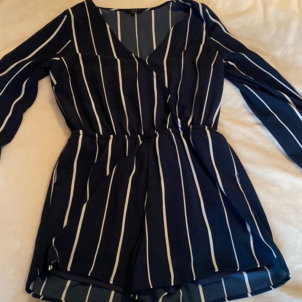 Large Blue and White Stripped Long Sleeve Romper